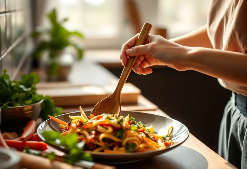 Une main féminine tient une cuillère en bois dans une cuisine, éclairée par la lumière naturelle.