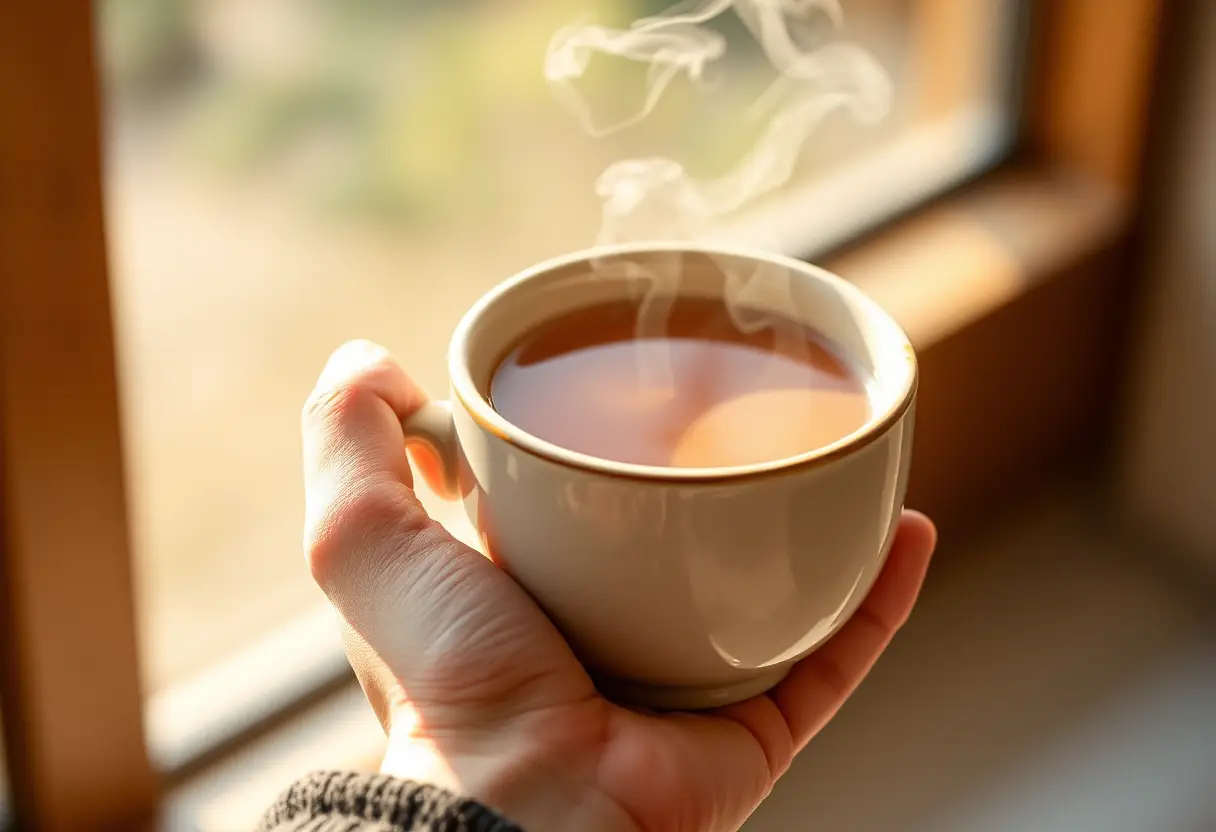 Une main tenant une tasse en porcelaine remplie de thé chaud, illustrant le bien-être feminin