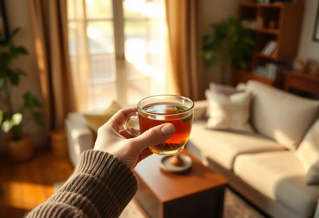 Une main féminine tenant une tasse de thé aux herbes dans un salon accueillant