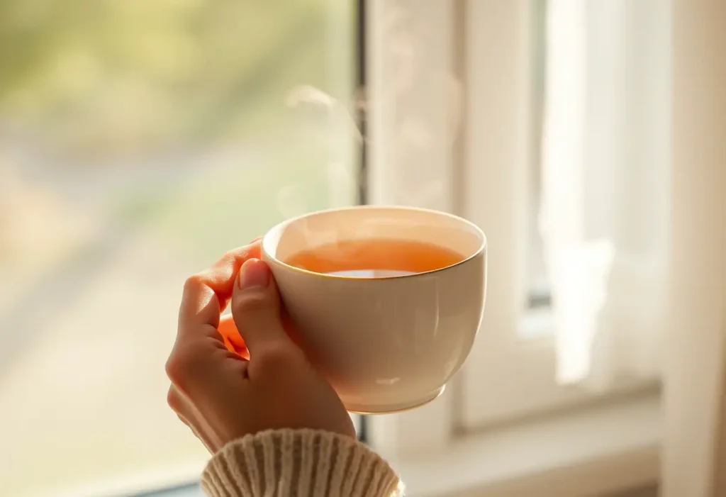 Une main féminine tient une tasse de thé chaud, la lumière du soleil filtre à travers une fenêtre, éclairant la vapeur qui monte légèrement.