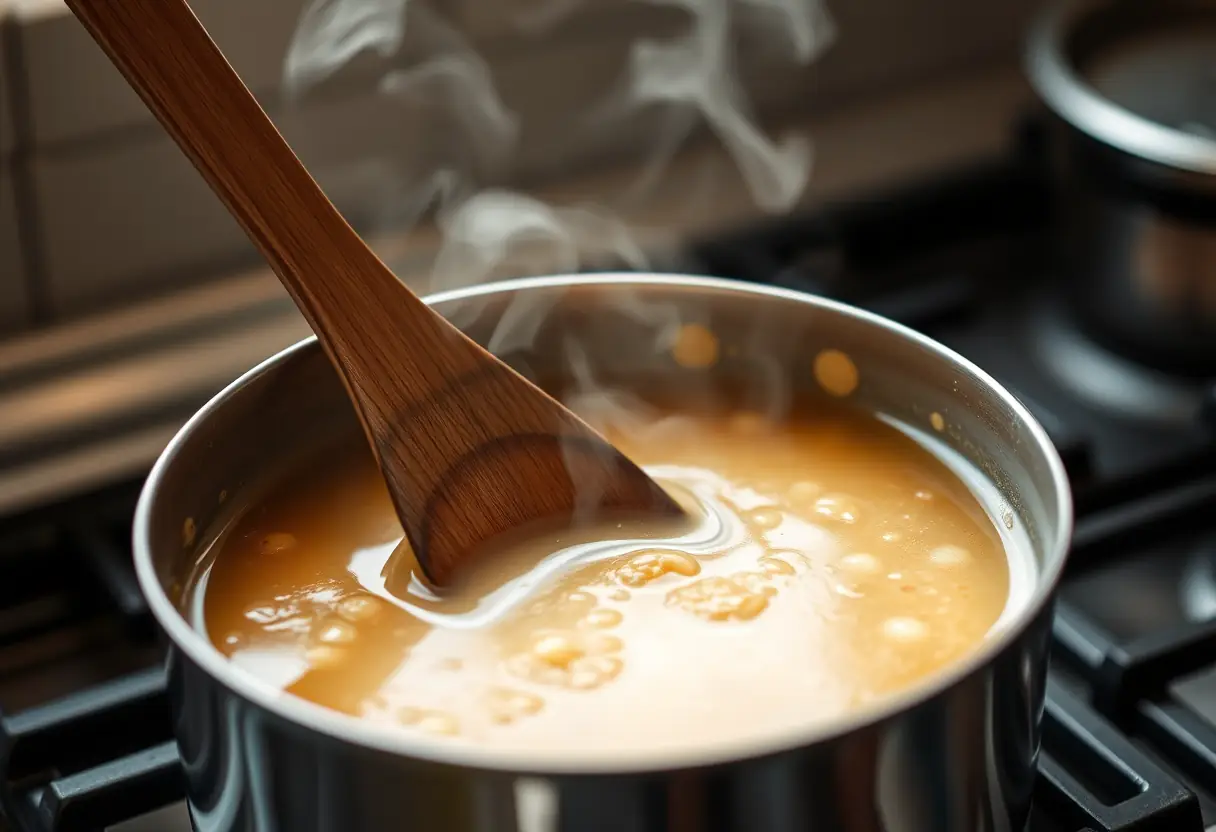 Un couvercle en bois remue une marmite de soupe qui mijote sur un fourneau, la vapeur s'élève doucement, suggérant une nourriture réconfortante.