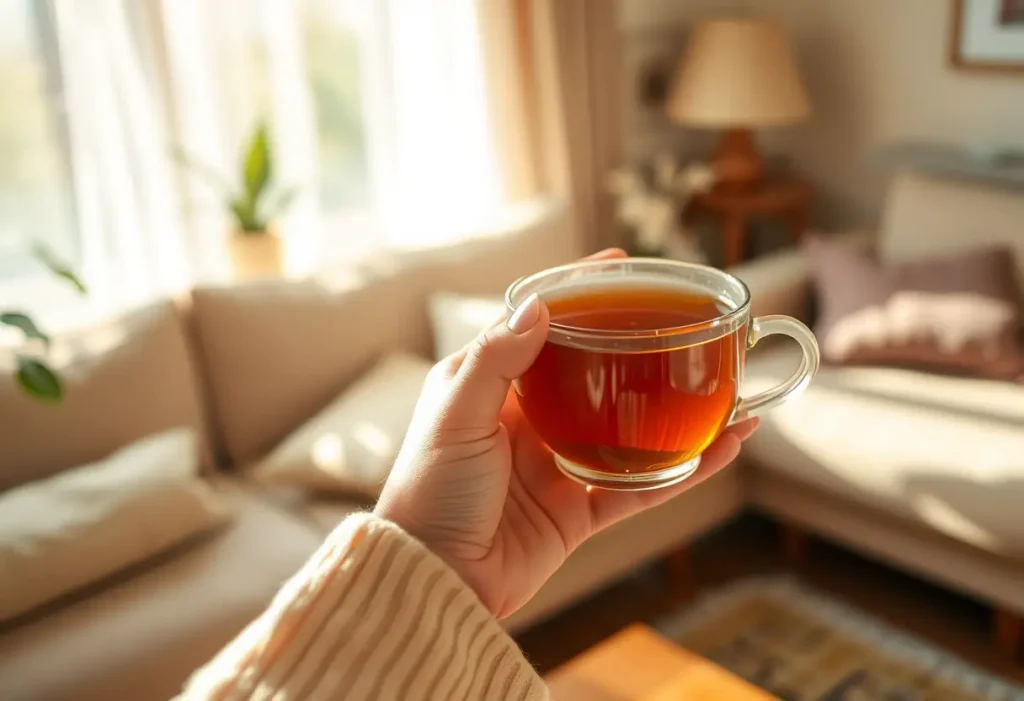 Une main tenant une tasse de thé chaud dans un salon accueillant, rappelant la douceur de prendre soin de soi
