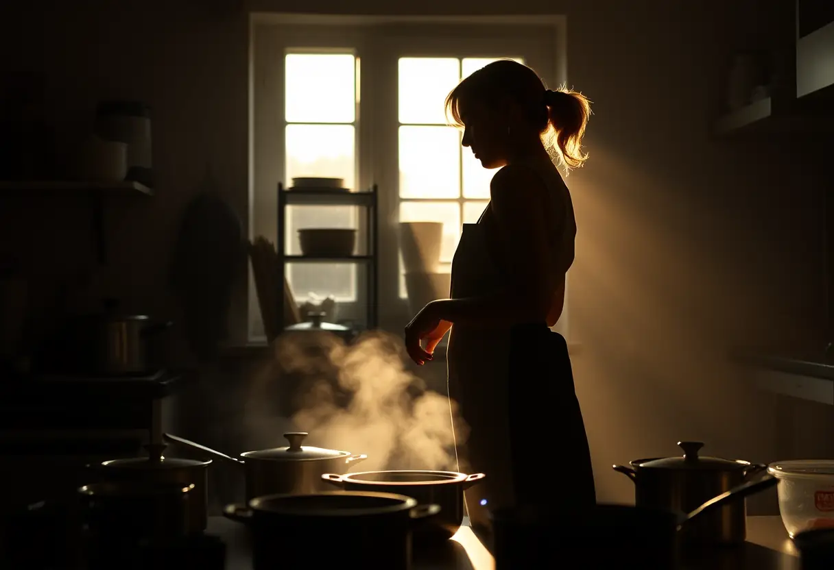 Un profil féminin dans une cuisine, entouré de casseroles et poêles, préparant un repas, mettant en valeur l'importance de l'alimentation et du rituel