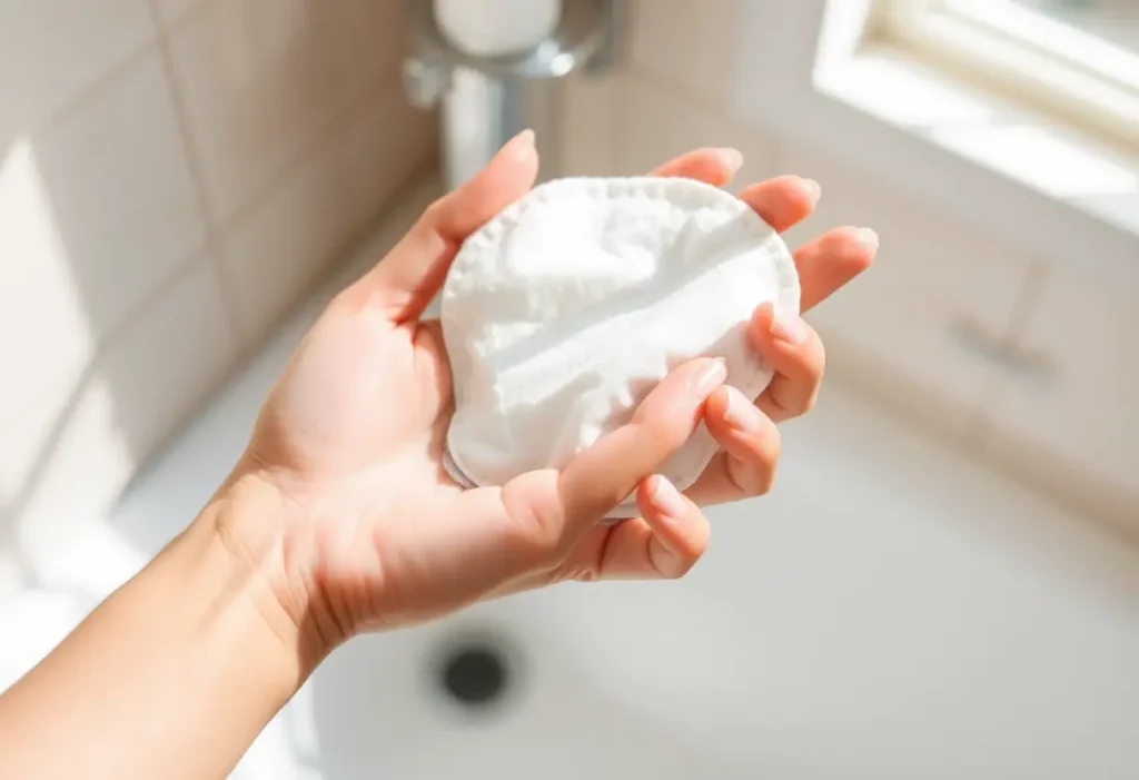 Main dans une salle de bain tenant un tampon en coton, sujet de l'acceptation de soi et du bien-être post-accouchement.