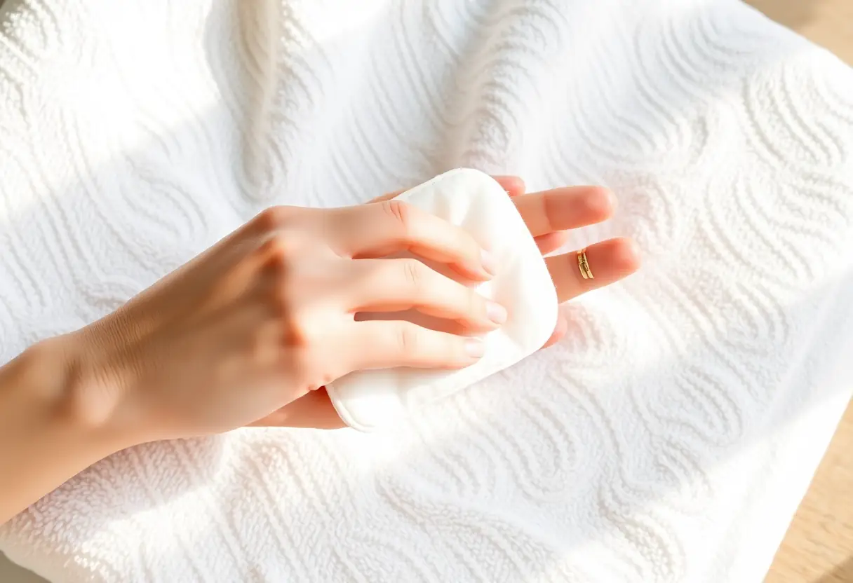 Main focus sur un mouchoir en coton posé sur une serviette blanche, symbolisant le confort et l'attention nécessaires.