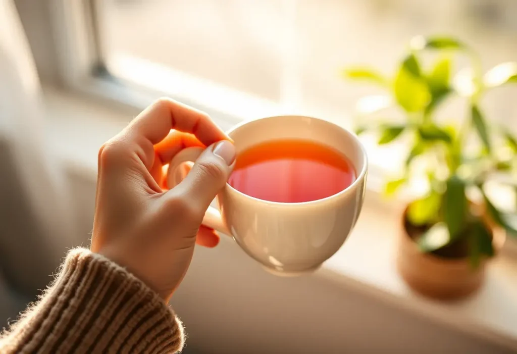 Une main tenant une tasse de thé chaud, apportant réconfort et chaleur