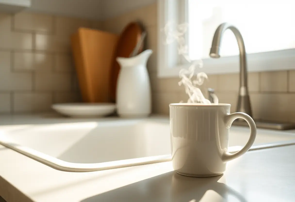 Un plan de travail de cuisine avec une tasse de céramique pleine d'eau chaude, éclairée par la lumière du matin