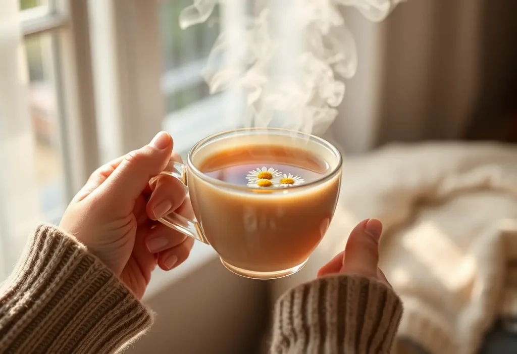 Des mains tenant une tasse de thé aux fleurs de sureau, apaisantes.