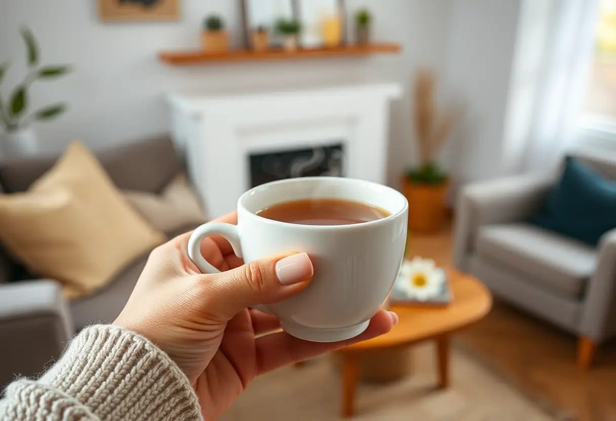 Une main tenant une tasse de thé aux fleurs de sureau dans une pièce accueillante