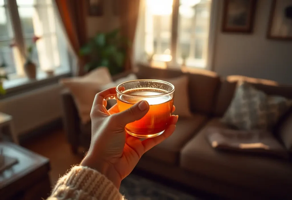 Une main tenant une tasse de thé chaud dans un salon accueillant, évoquant chaleur et bien-être
