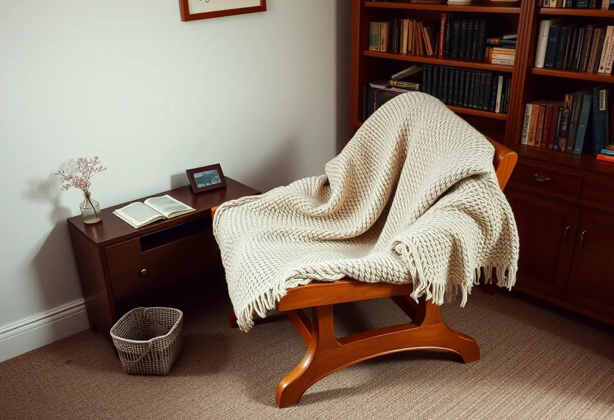 Un fauteuil en bois recouvert d’un plaid tricoté dans une étude calme, évoquant repos et sérénité