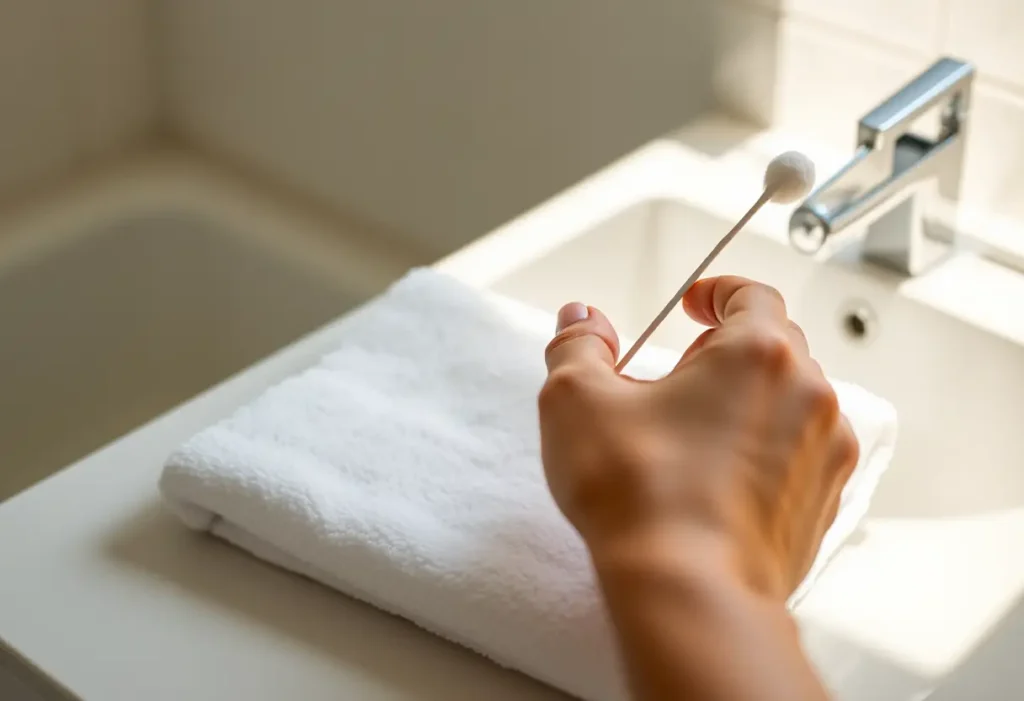 Une main féminine tenant un coton-tige posé sur une serviette blanche dans une salle de bains, apaisante