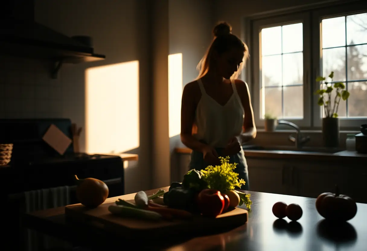 Un profil féminin dans une cuisine préparant un repas avec des légumes frais sur un plan de travail en bois, chaleureuse