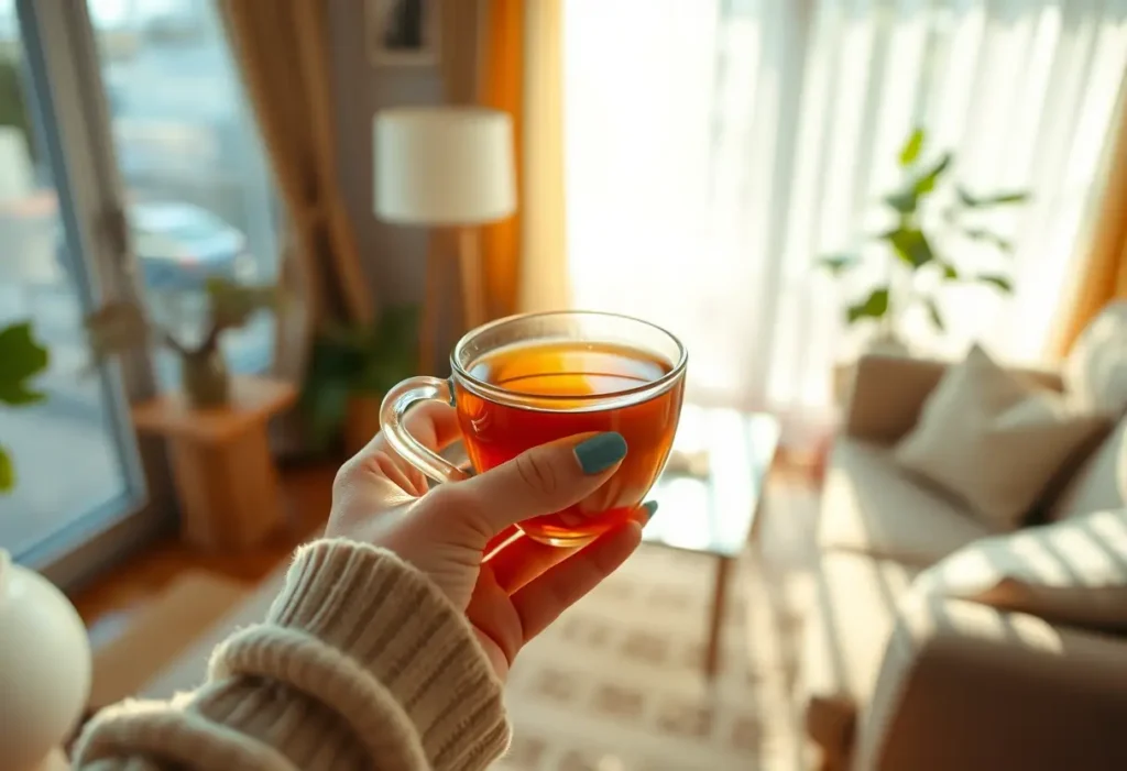 Une main féminine tient une tasse de thé chaud dans un salon accueillant, lumière naturelle