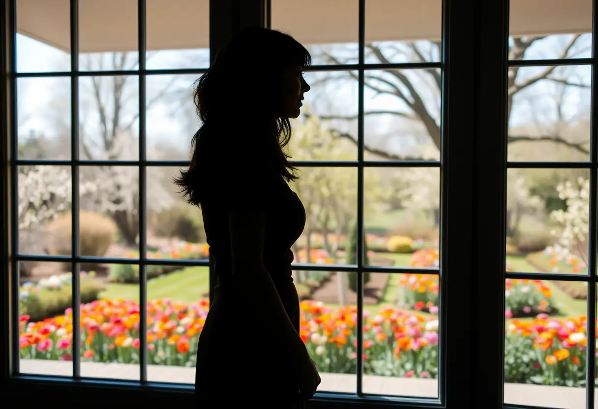 Un profil de femme regardant un jardin en fleur par une grande fenêtre, lumière naturelle