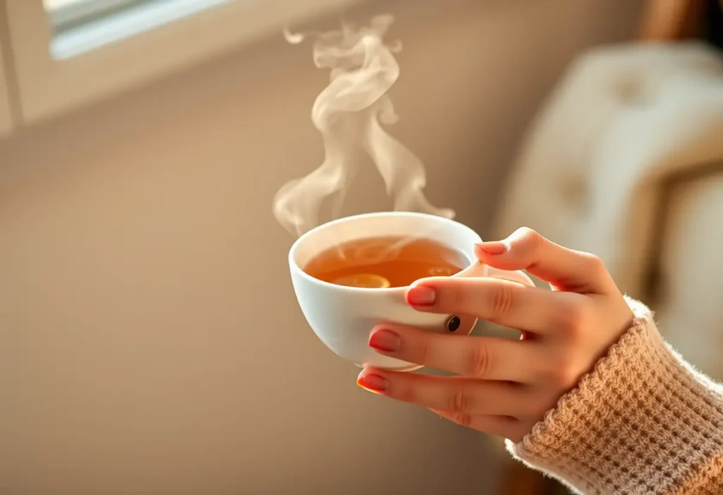 Une main tenant une tasse de thé chaud avec de la vapeur qui s'échappe, symbolisant le réconfort