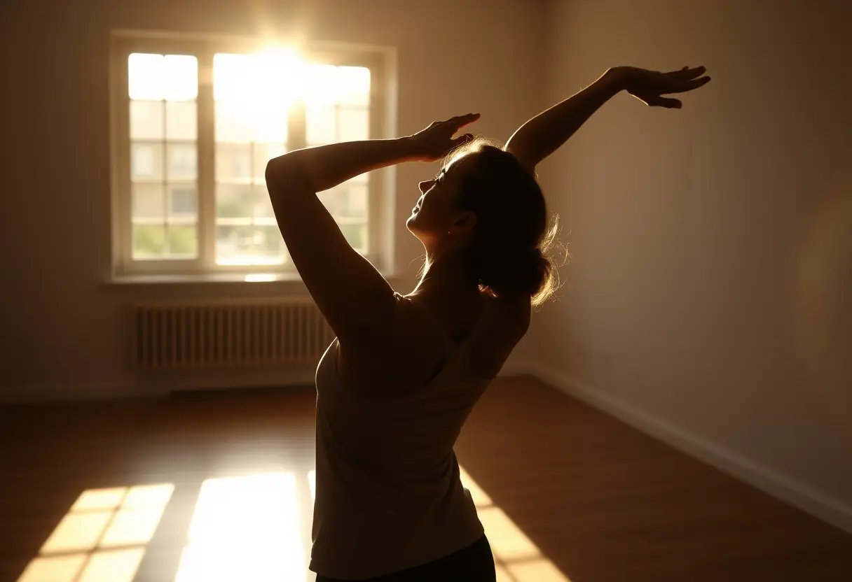 Une silhouette de femme pratiquant le yoga, les bras levés vers une fenêtre baignée de lumière solaire