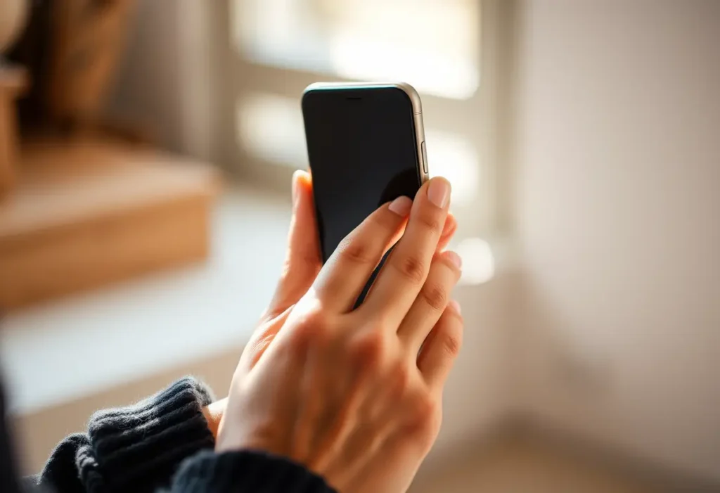 Une main tenant un téléphone portable sous la lumière naturelle
