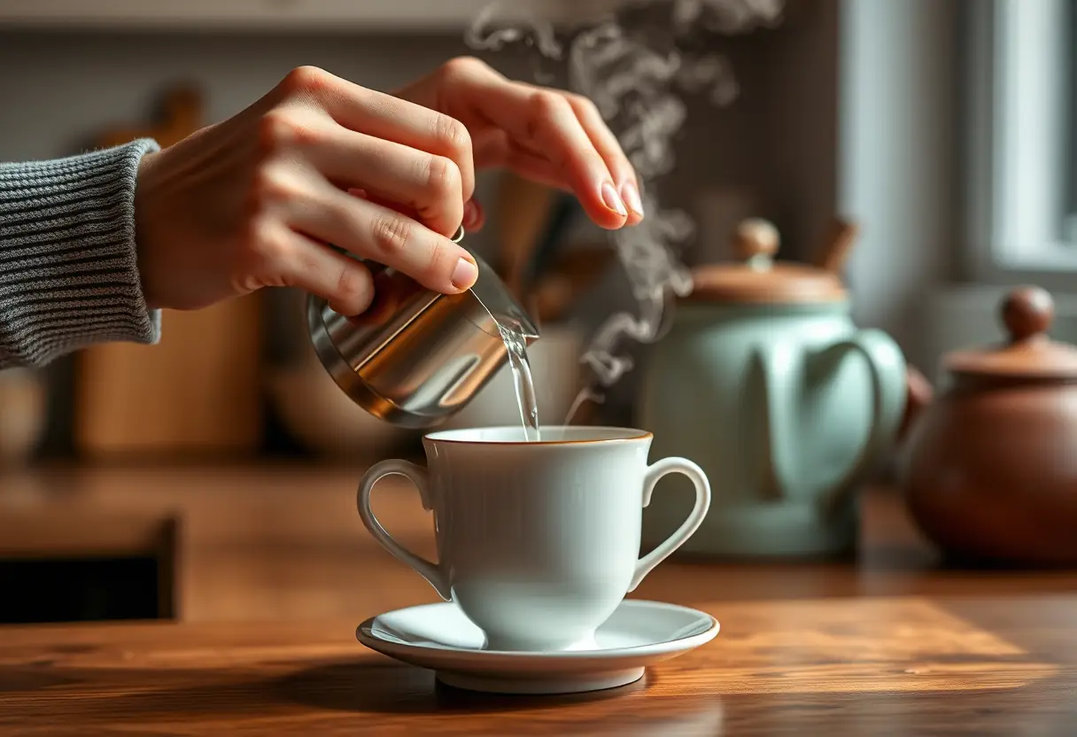 Des mains versant de l'eau chaude dans une tasse de céramique, évoquant chaleur et soin