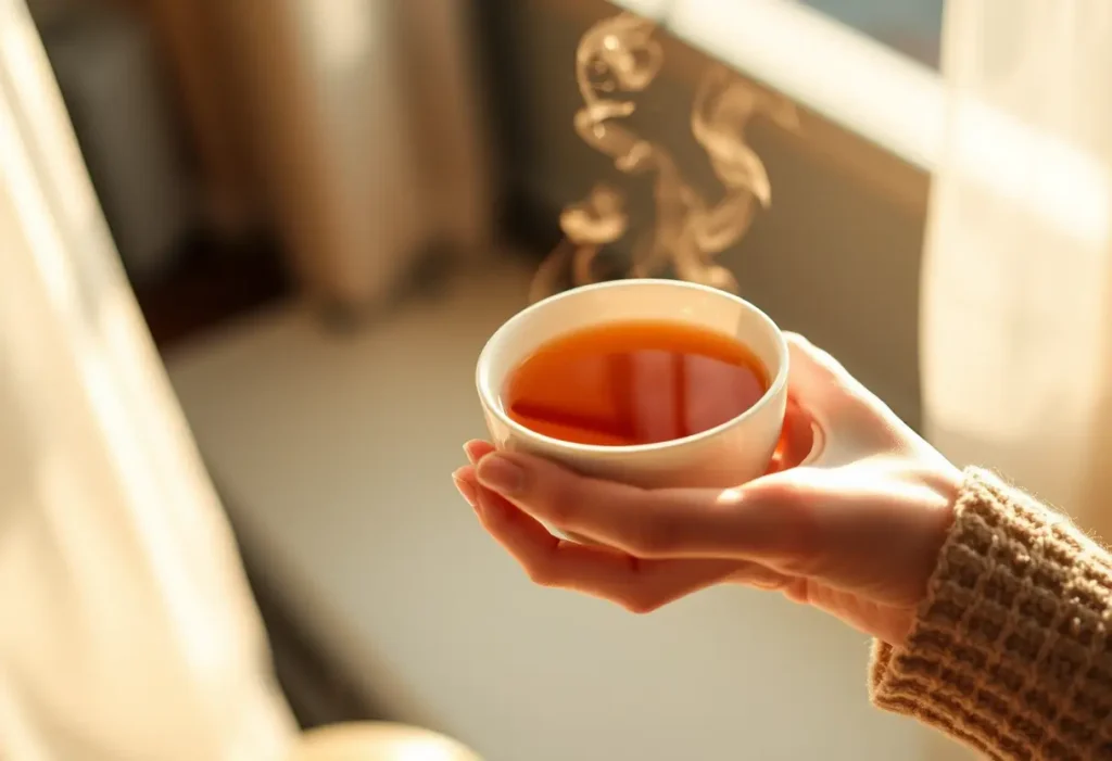 Une main tenant une tasse de thé chaud, évoquant réconfort et bien-être