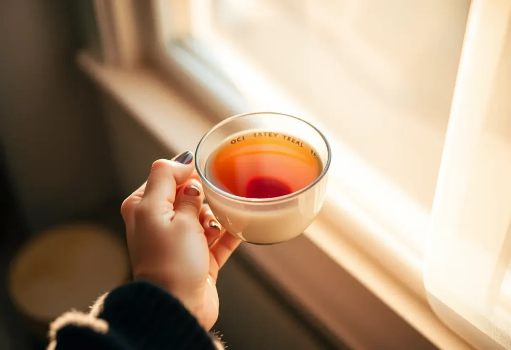 Une main féminine tenant une tasse de thé chaud dans une atmosphère apaisante