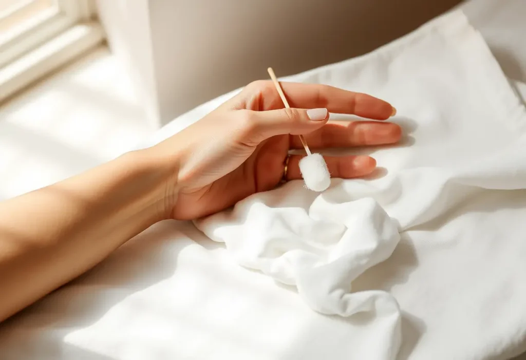 Main: une main féminine tenant un coton-tige sur un linge blanc, rappelant le soin personnel.