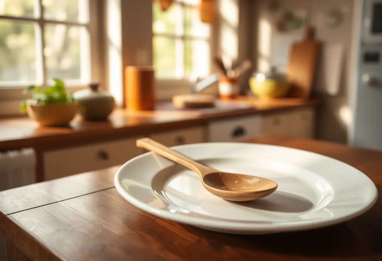 Main: une cuillère en bois posée sur une assiette dans une cuisine chaleureuse, évoquant le bien-être physique.