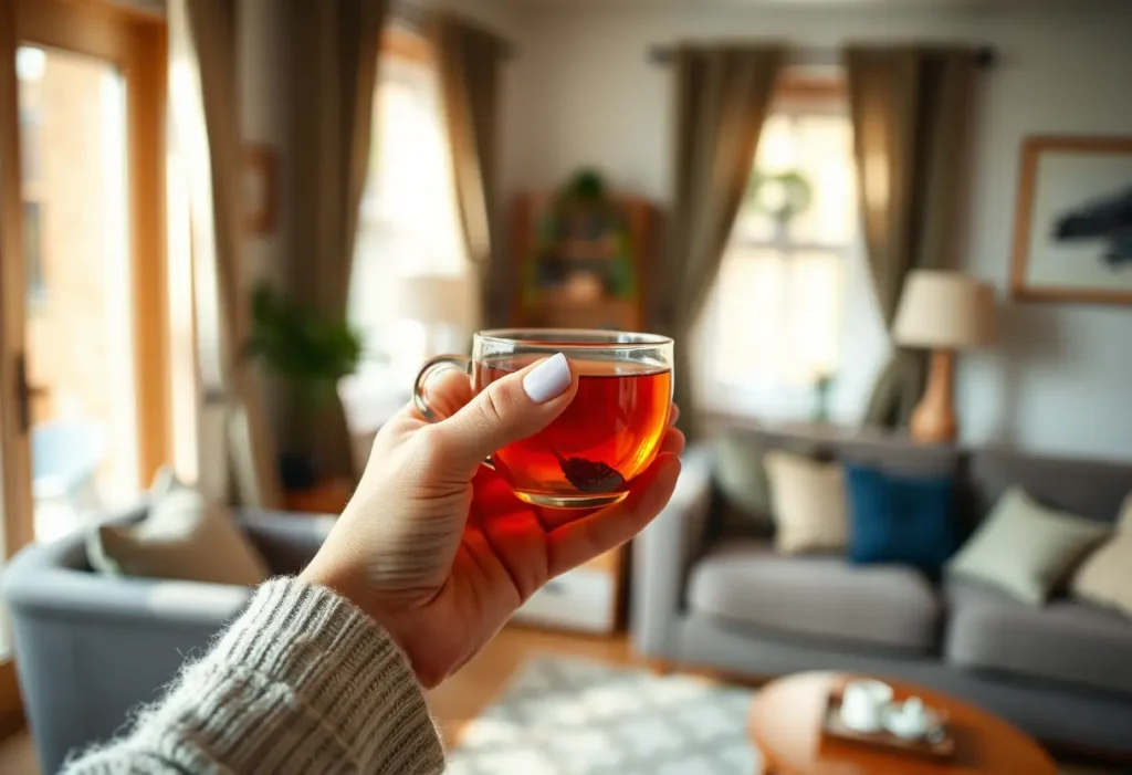 Une main tenant une tasse de thé chaud dans un salon accueillant, symbolisant la douleur et le réconfort.