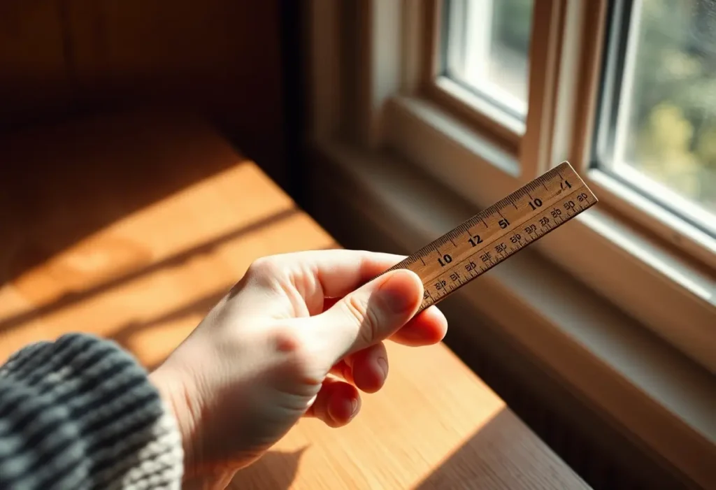Une main tenant délicatement un règle en bois, lumière naturelle chaleureuse.