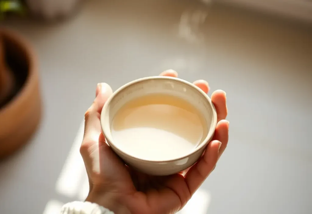 Une main féminine tient un bol en porcelaine avec de l'eau chaude, symbole des rituels de soin personnel.