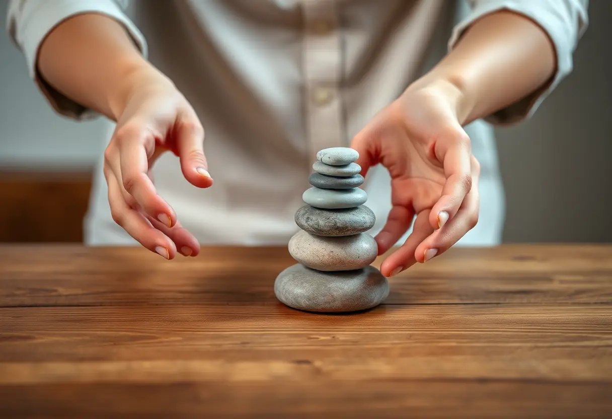 Des mains disposent des galets lisses sur une table en bois, représentant l'affirmation des limites personnelles.