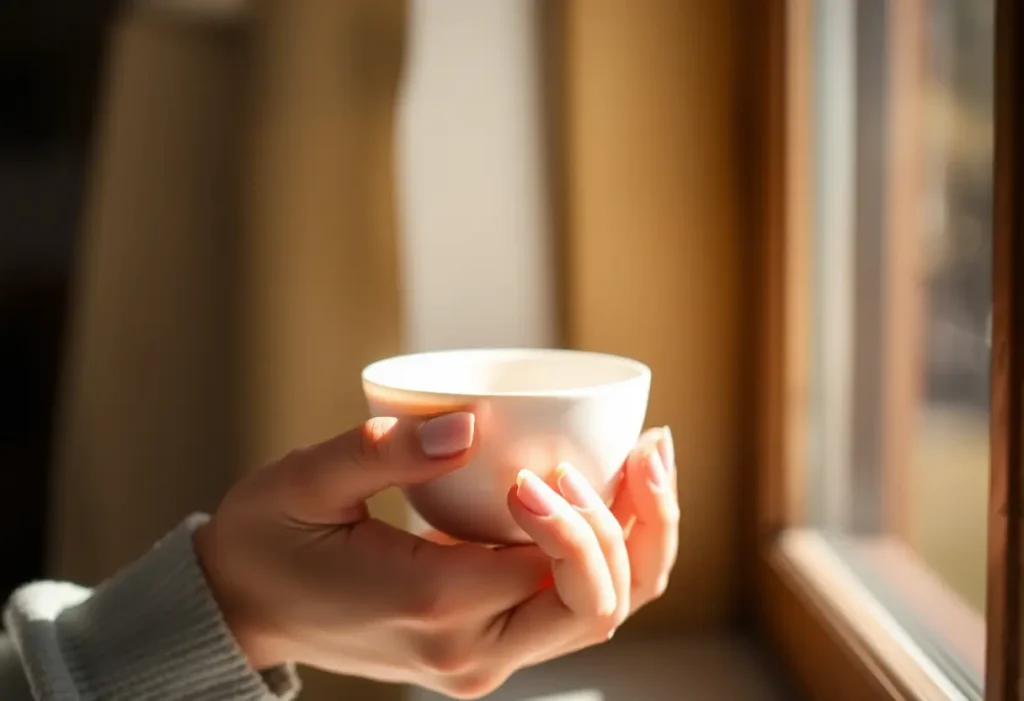 Une main féminine tient délicatement une tasse en céramique, symbolisant la douceur et l'estime de soi