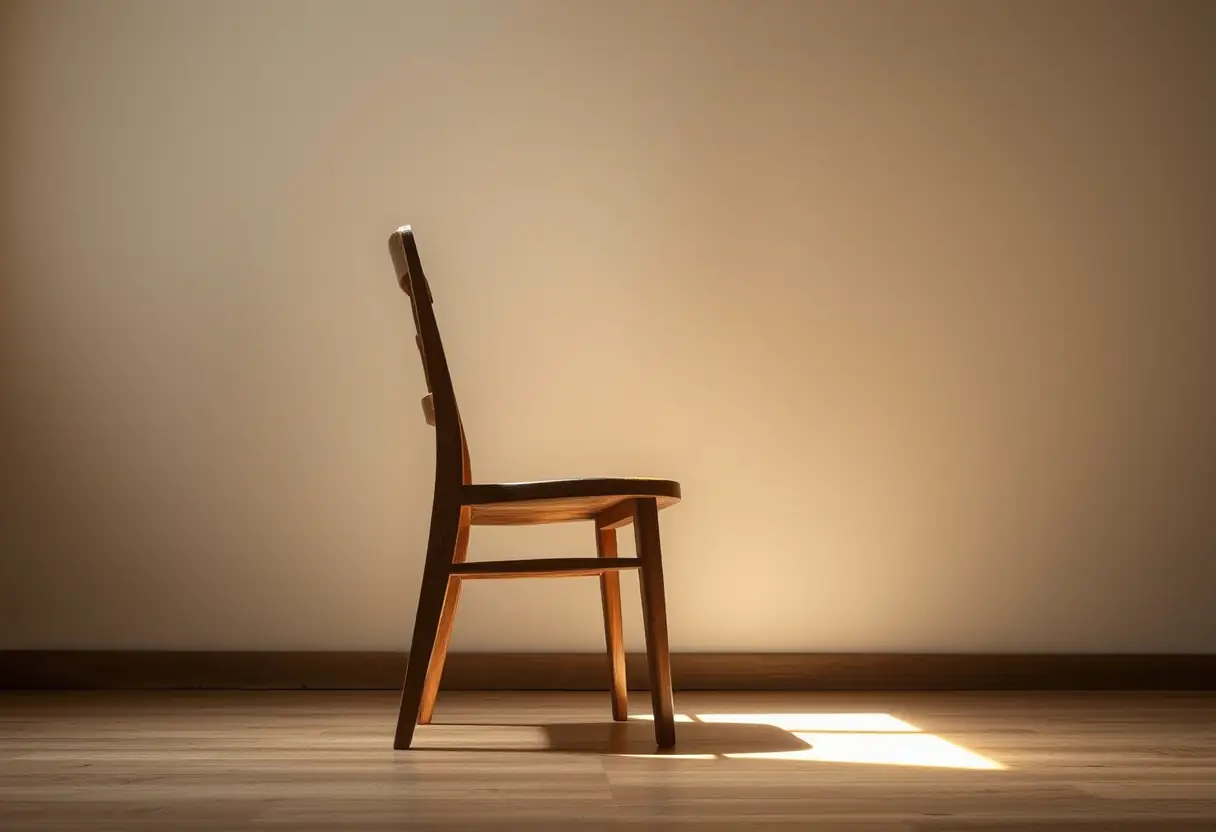 Un fauteuil en bois dans une pièce calme, éclairé par la lumière du soleil, représentant le repos et la sérénité intérieure