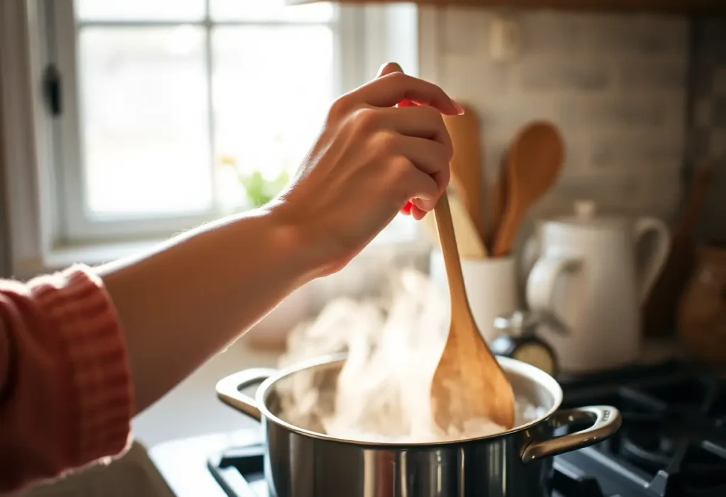 Une main féminine tenant une cuillère en bois au-dessus d'une casserole dans une cuisine accueillante, thème de la maternité