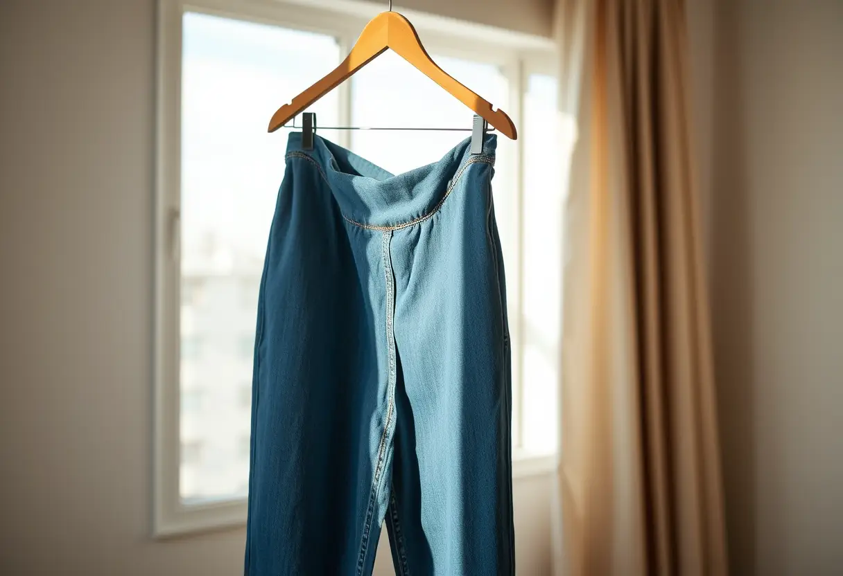 Un pantalon en jean bleu pour femme enceinte accroché sur un cintre dans une pièce éclairée