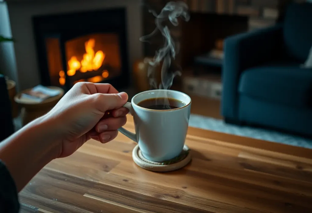 Une main tient une tasse de thé chaud posée sur un petit coquetier en céramique, dans une atmosphère apaisante.