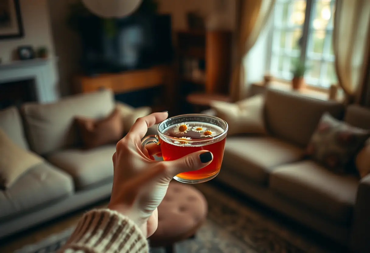 Une main tenant une tasse de thé aux camomiles dans un intérieur chaleureux