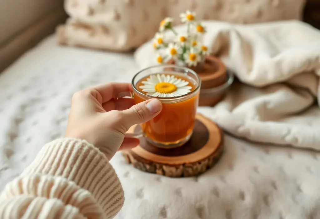 Une main tenant une tasse de thé aux fleurs de camomille, symbole de bien-être