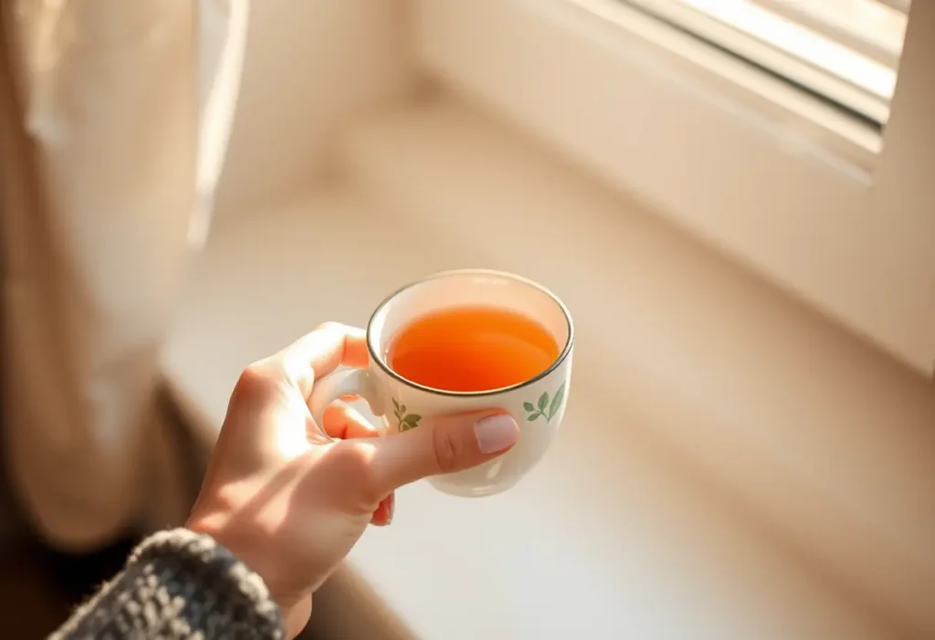 Une main tenant une tasse de thé chaud, apportant chaleur et confort