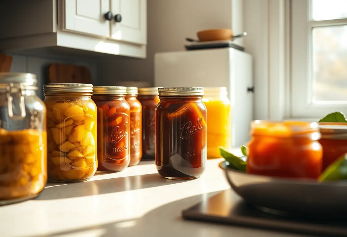 Un plan de travail garni de pots de confiture maison, éclairé par la lumière du matin