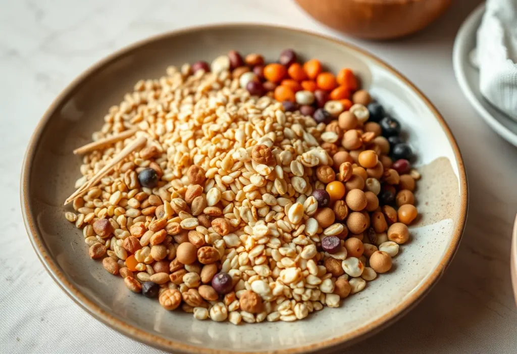 Un plateau rempli de céréales complètes et de légumineuses, illustrant les alternatives saines aux aliments ultra-transformés pour les personnes atteintes d'endométriose.