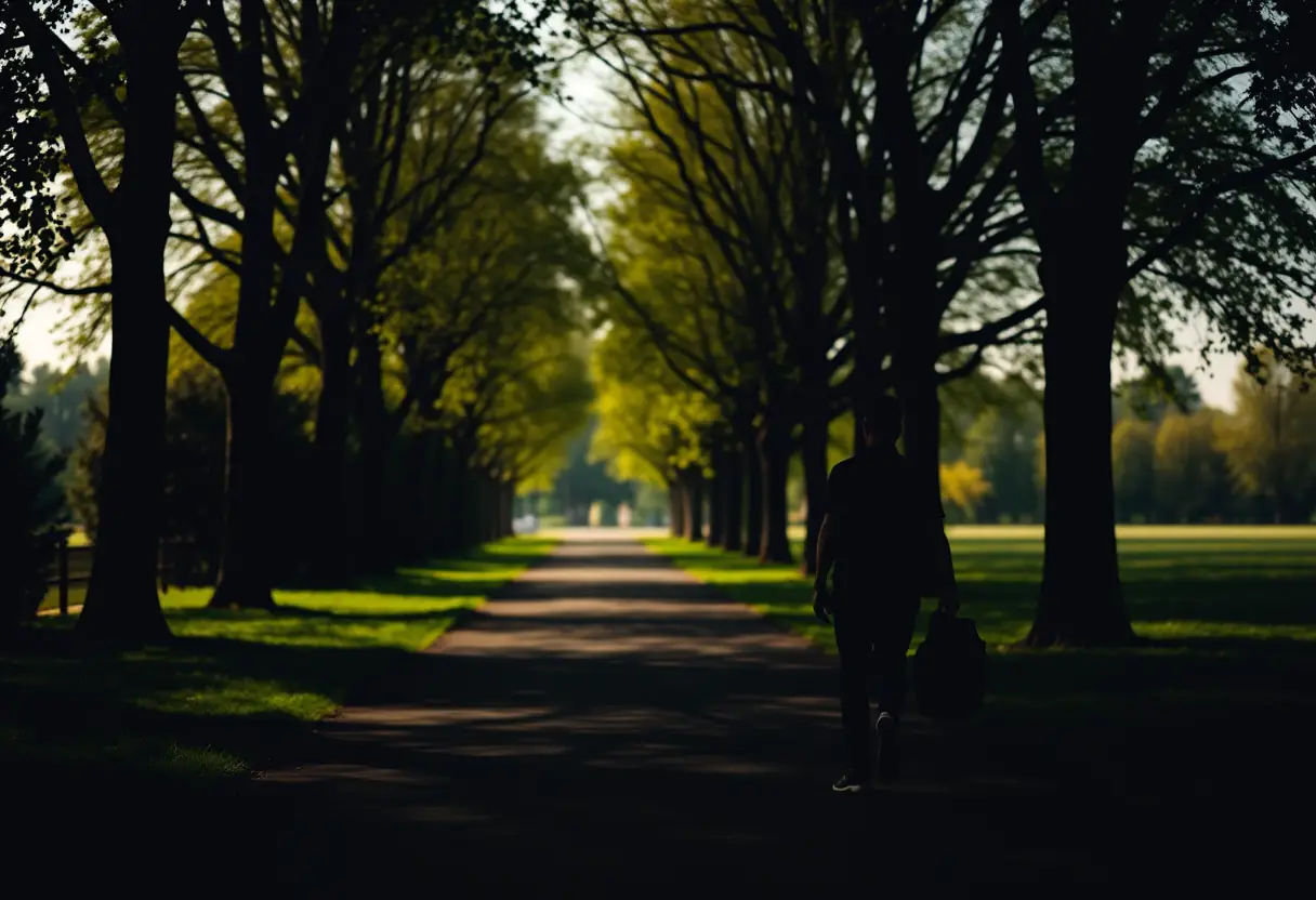 La silhouette d'une personne marchant dans un parc arboré, symbolisant le parcours vers l'acceptation de soi et le bien-être grâce à des habitudes alimentaires conscientes.