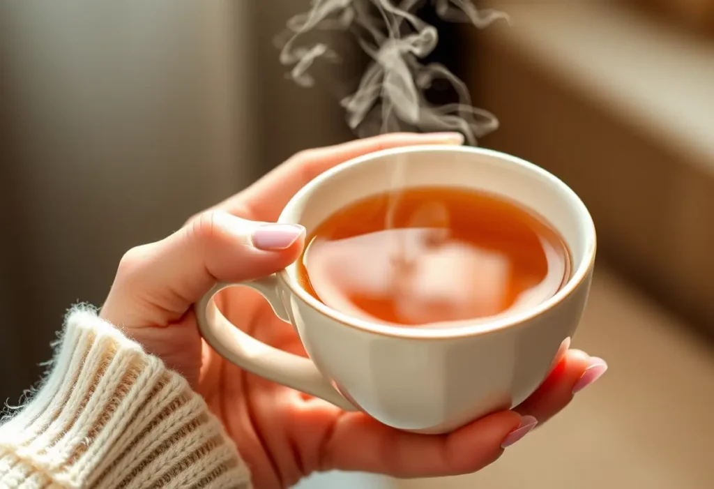 Une main tenant une tasse de thé chaud, symbole de chaleur et de réconfort.