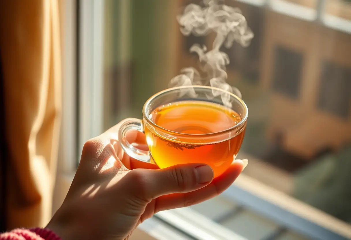 Une main tenant une tasse de thé chaud, la lumière naturelle souligne la vapeur