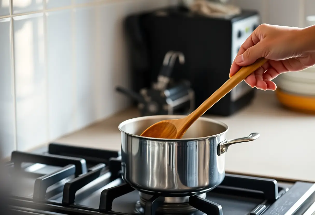 Une main féminine tient délicatement une cuillère en bois devant une casserole sur une cuisinière, éclairée naturellement