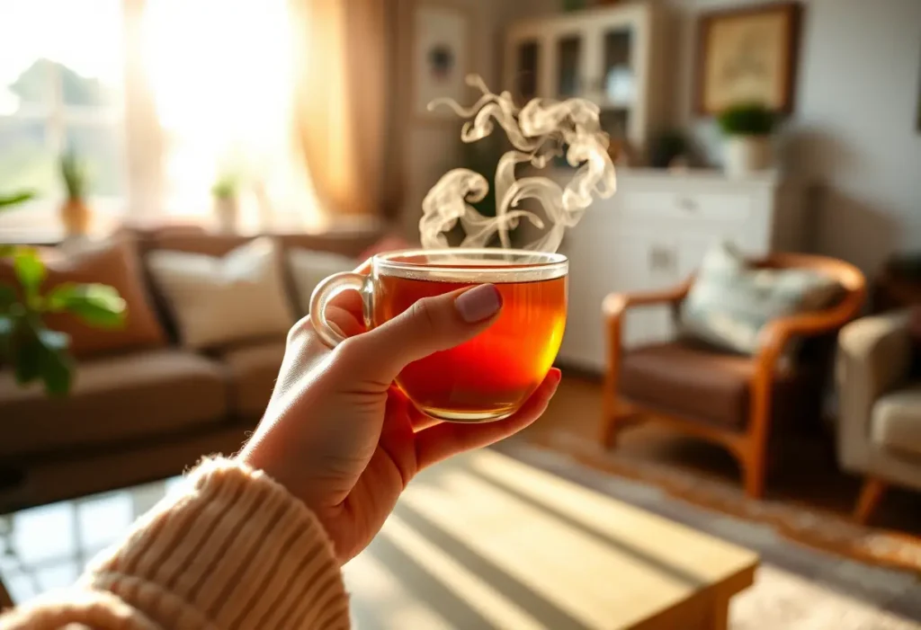 Une main tenant une tasse de thé chaud dans un salon accueillant
