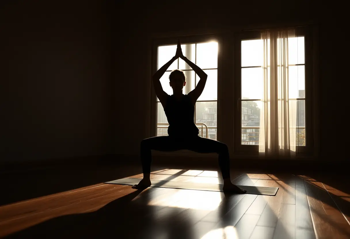 Silhouette d'une personne pratiquant le yoga sur un plancher en bois au matin