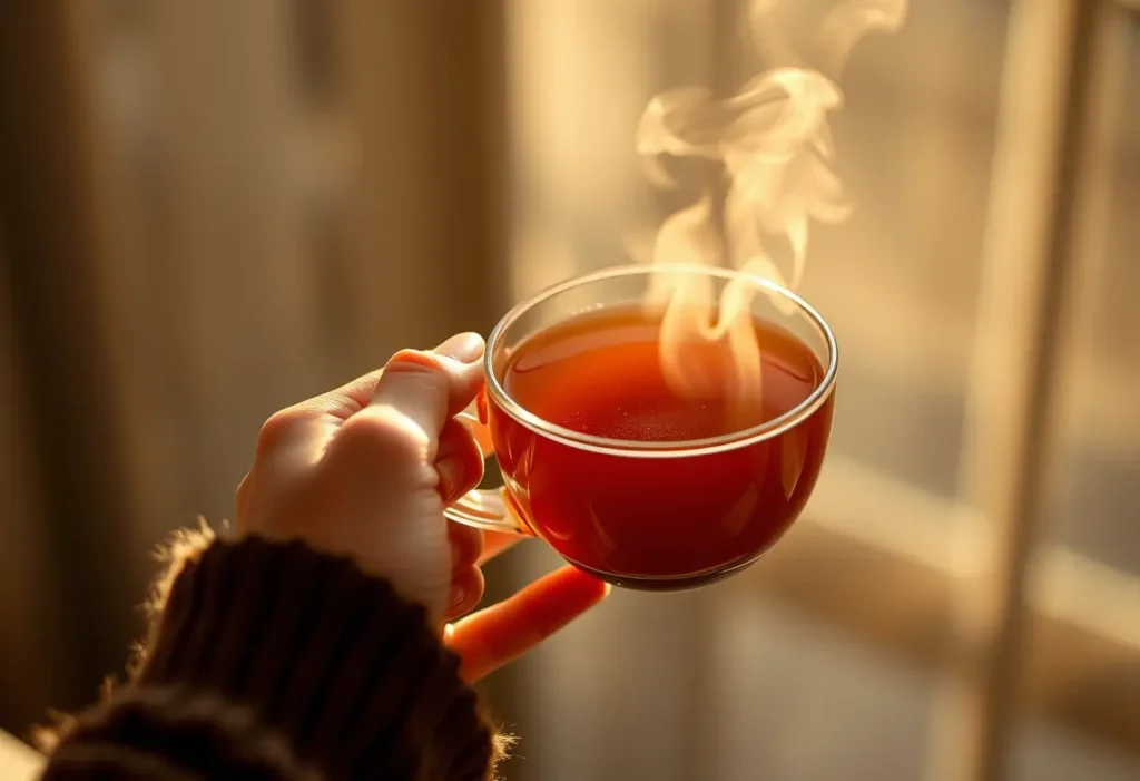 Une main tenant une tasse de thé chaud le matin, la vapeur s'élevant légèrement