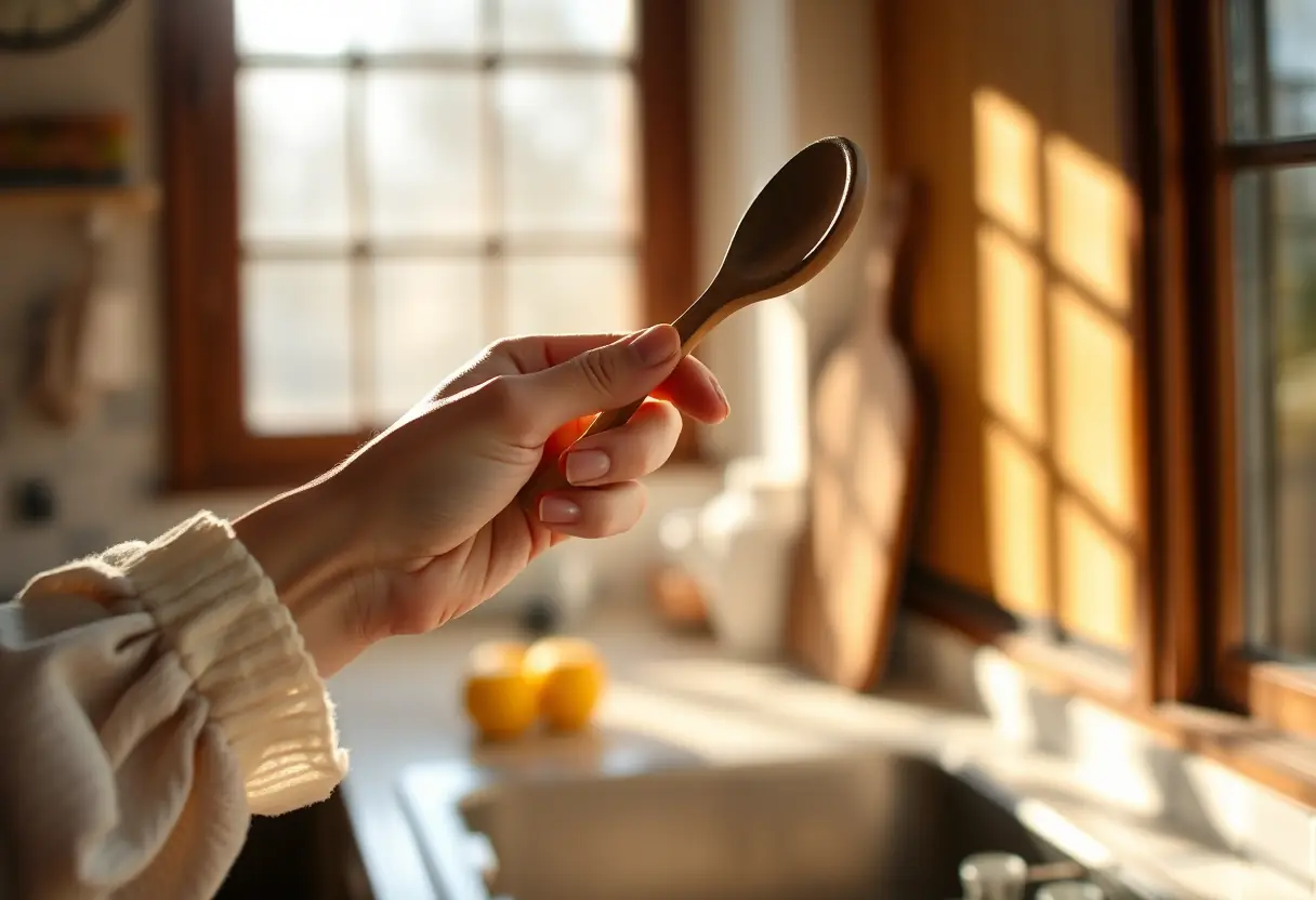 Une main féminine tenant une cuillère en bois dans une cuisine accueillante, éclairée par la lumière du jour