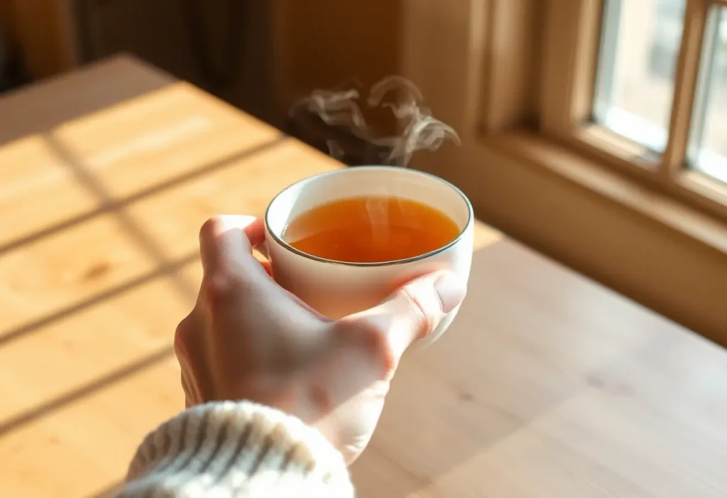 Une main tenant une tasse de thé chaud, dans une lumière douce, rappelant le réconfort contre la douleur.